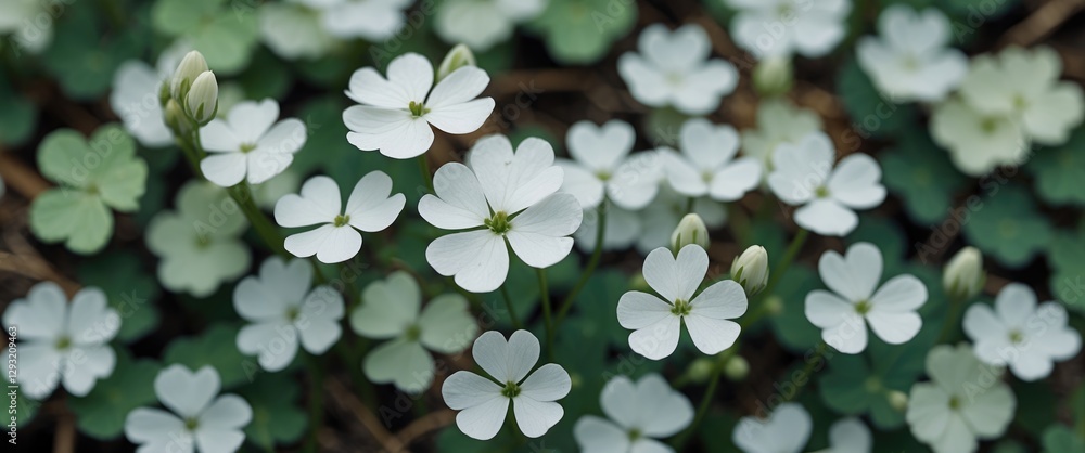 Poster white clover flowers in bloom over green foliage with soft focus background for text placement and c