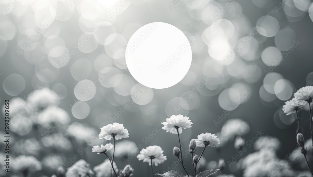 Poster soft focus floral scene with bright circular focal point creating a dreamy bokeh effect in shades of