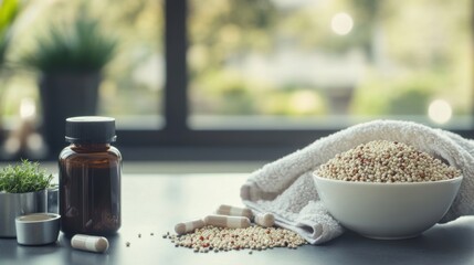 Obesity drug alongside a bowl of quinoa and a workout towel. Featuring fitness and nutrition