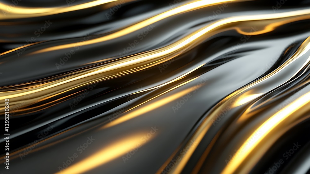 Poster smooth wavy black surface with golden highlights for elegant background and design use