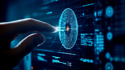 A hand interacts with a glowing digital interface, showcasing futuristic technology and data visualization.