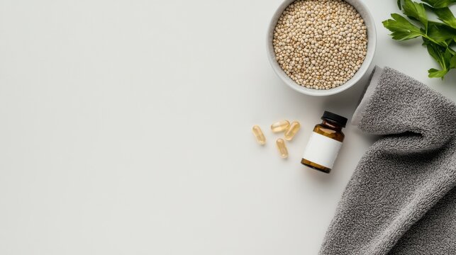 Obesity drug alongside a bowl of quinoa and a workout towel. Featuring fitness and nutrition