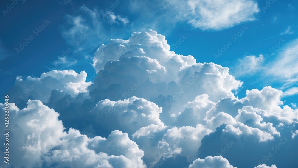 Poster fluffy white clouds against a bright blue sky creating a serene daytime atmosphere ideal for backgro