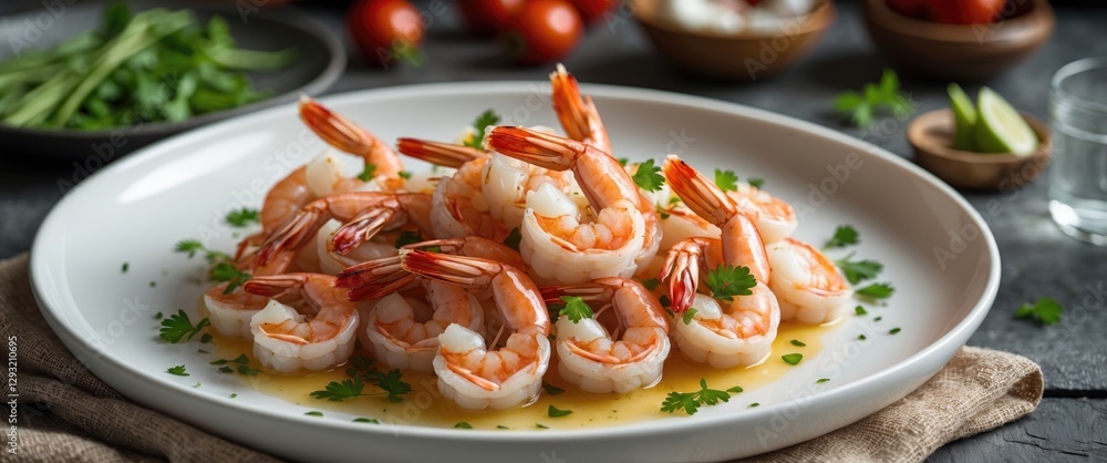 Aufkleber plate of succulent cooked shrimps garnished with fresh herbs on a rustic table with empty space for 