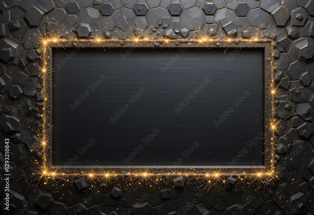 Poster Elegant Black Textured Background with Sparkly Golden Frame Border