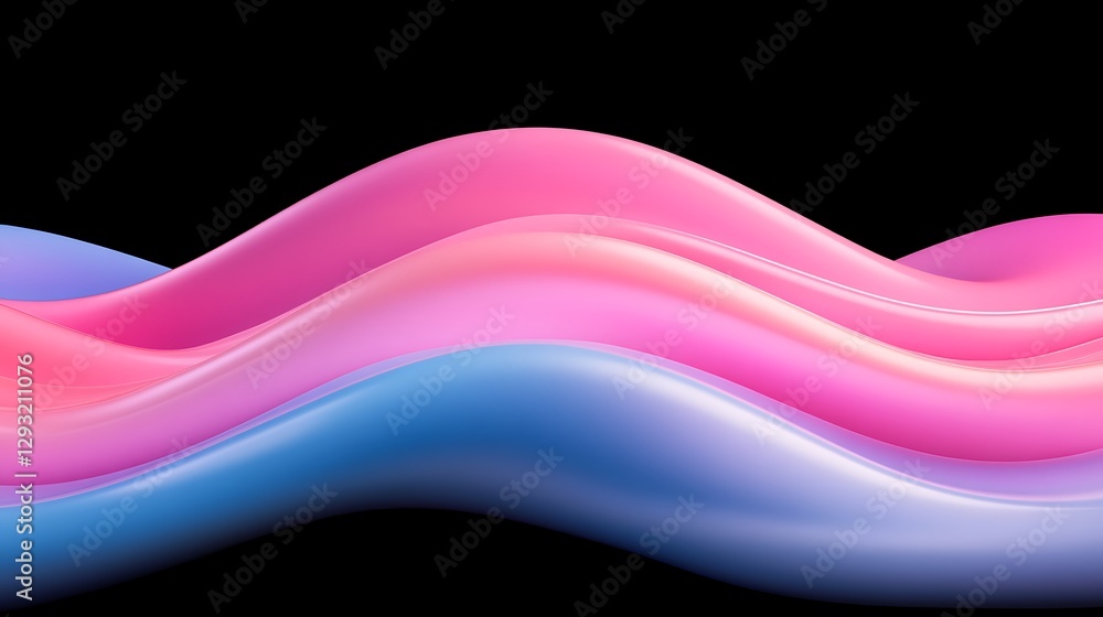 Poster soft curves and gentle waves in shades of pink and blue on a black background for abstract design pr