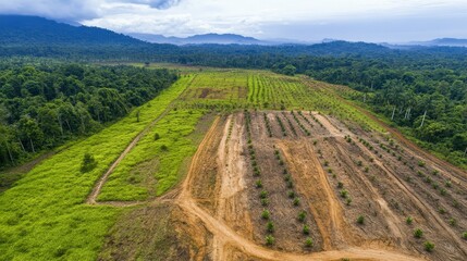 Aerial view: deforestation, replanted crops, lush forest.