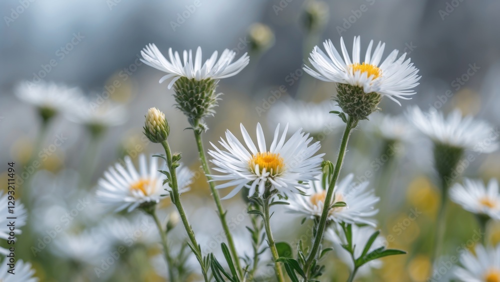 Poster beautiful white aster flowers in bloom with soft focus background and clear space for text overlay o