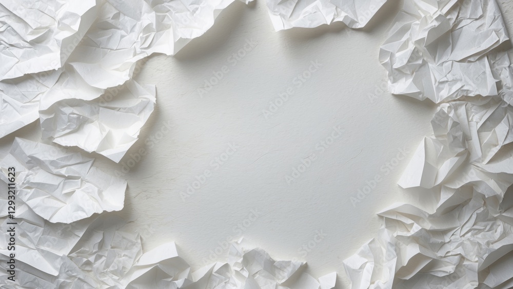 Poster crumpled white paper texture with a central empty space ideal for creating designs or backgrounds in