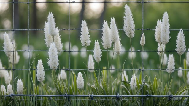White grass flowers blooming along a steel wire mesh fence in a lush green setting.