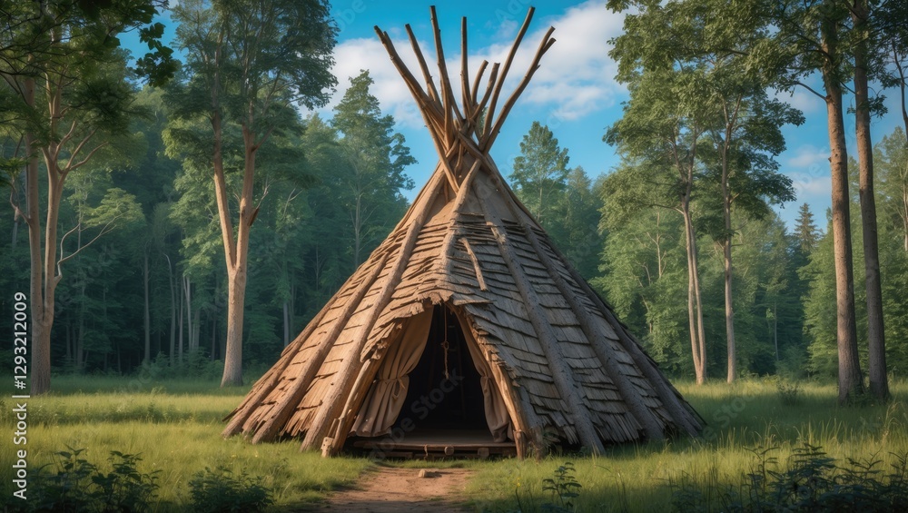 Poster wigwam in a tranquil forest clearing with empty space for customizable text and natural greenery sur