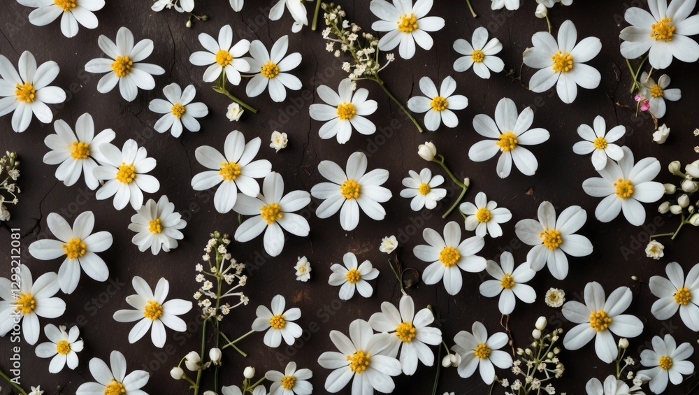 Poster white small flowers arranged in a natural pattern on a dark background viewed from above showcasing 
