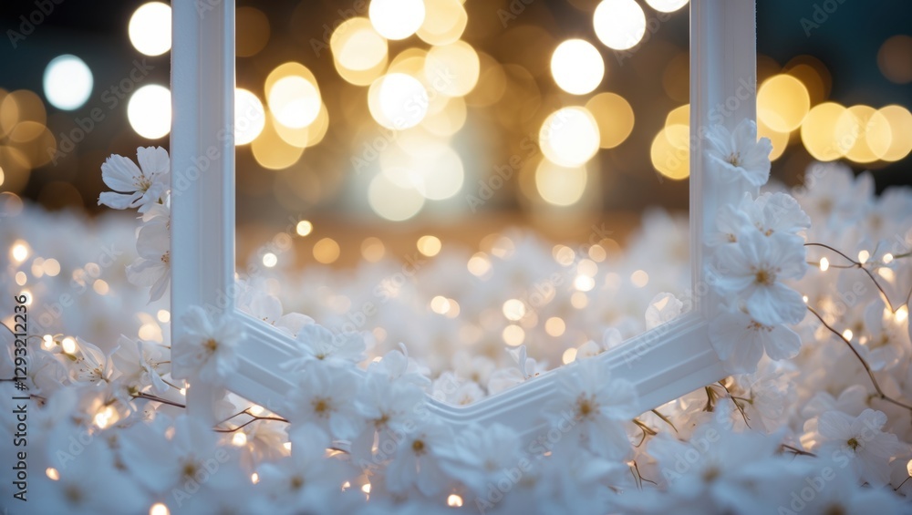 Poster white picture frame surrounded by delicate flowers with a dreamy bokeh light background creating a s