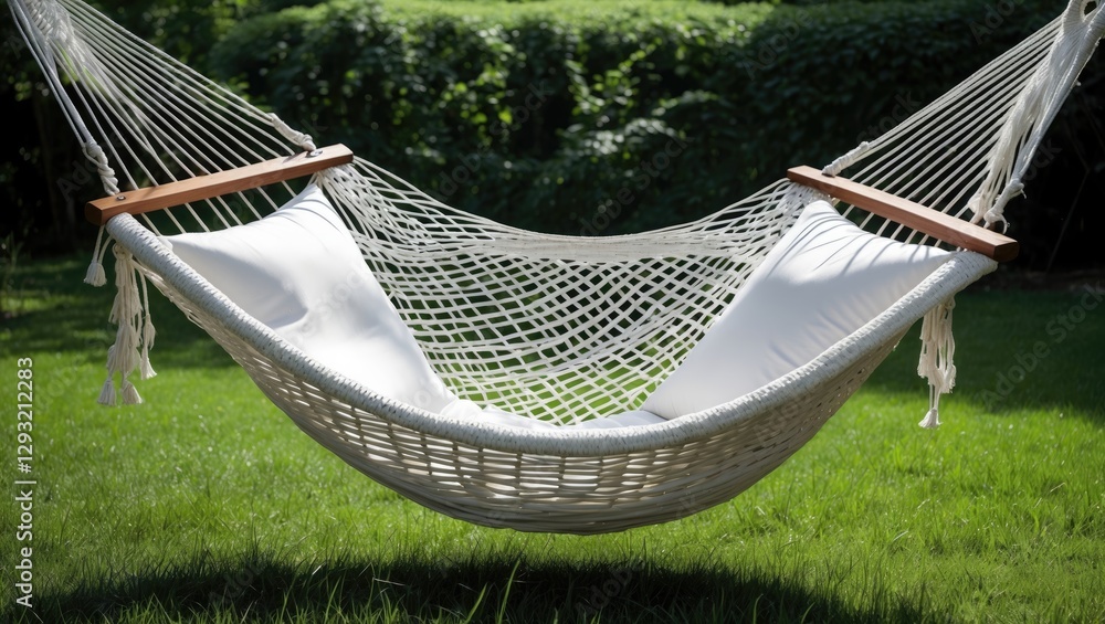 Aufkleber relaxing white wicker hammock hanging in green grass surrounded by nature with space for customizabl