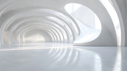Obraz premium Modern white architectural interior hallway, daylight streaming through arched windows, a spacious empty hall, for product display or exhibition