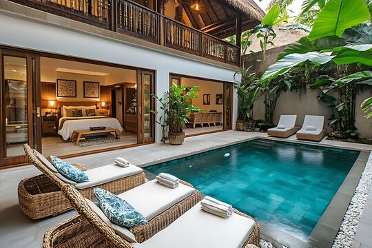 An elegant luxurious bedroom suite with a swimming pool area