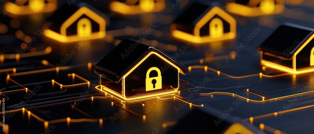 Poster digital concept of smart home security with glowing lock icons on a circuit background.