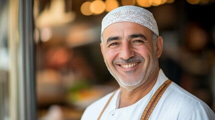 Smiling vendor exudes warmth and friendliness in a cozy kitchen setting.