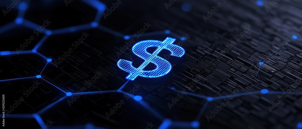 Poster digital currency concept featuring a glowing dollar symbol on a hexagonal background.