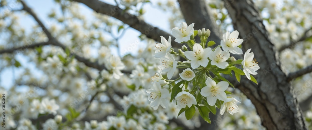 Aufkleber blossoming white flowers on branches with soft focus background and space for text in natural spring