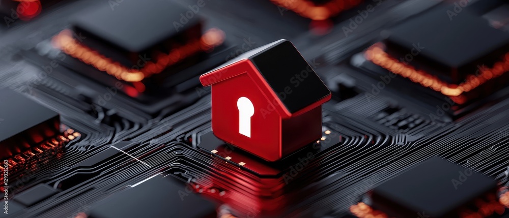 Poster digital home security concept with a red house key symbol on a circuit board.