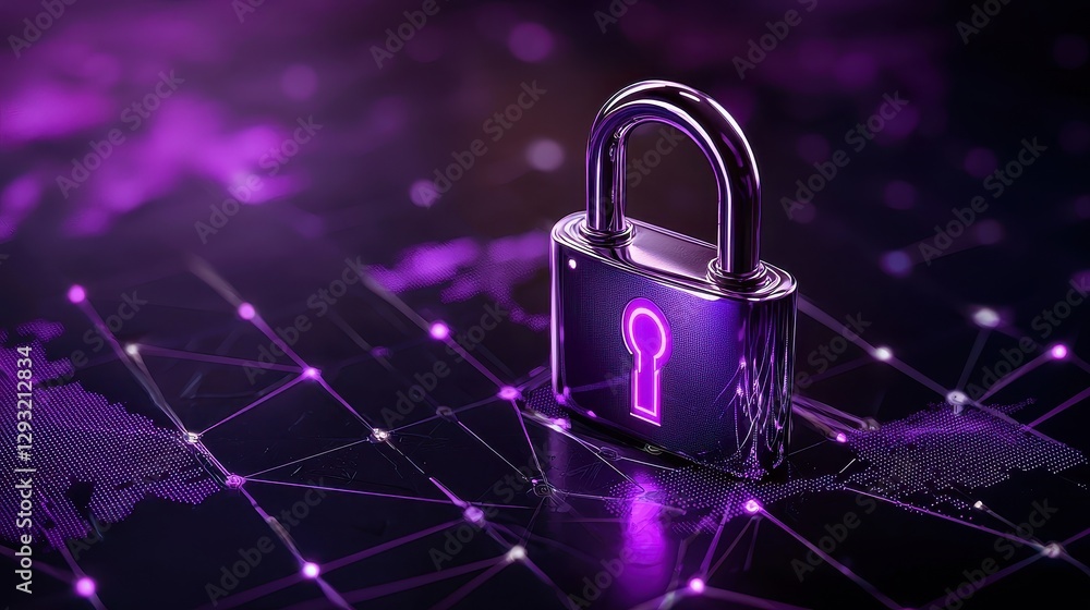 Poster digital lock symbolizing cybersecurity protection in a violet-themed environment.