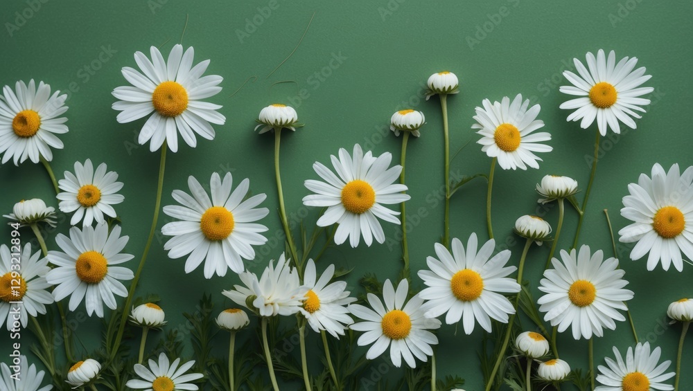 Poster white chamomiles displayed on a green background with space for text and copy in a fresh floral comp