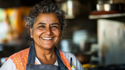 Smiling vendor exudes warmth and friendliness in a cozy kitchen setting.
