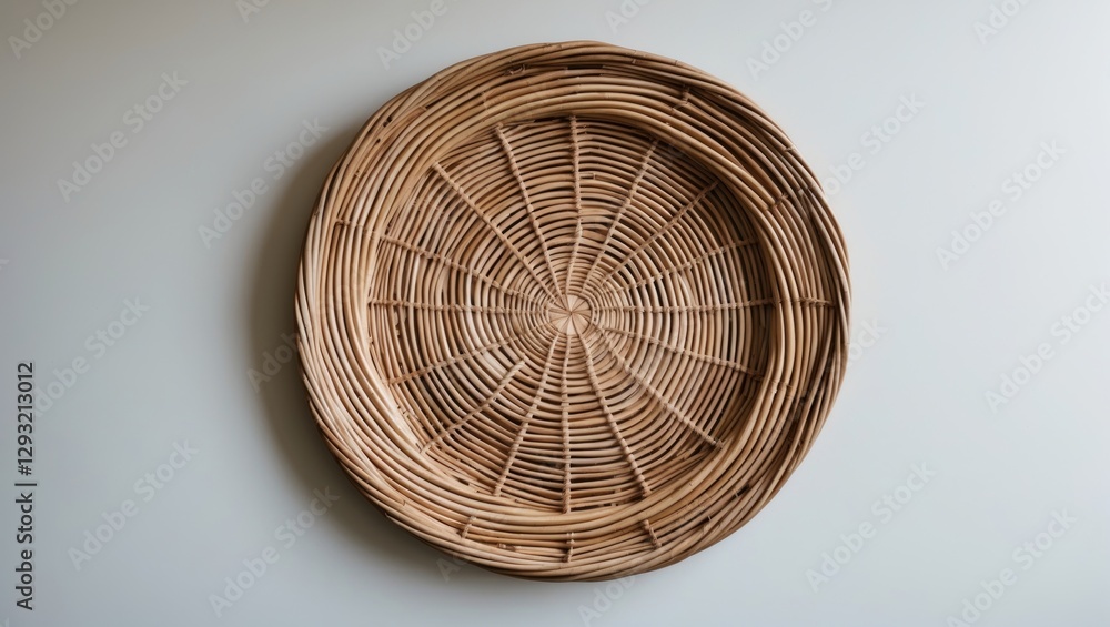 Poster wicker plate on white background with spacious area for text and design elements in a minimalist sty