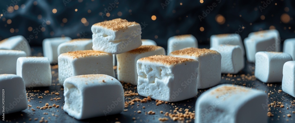 Aufkleber close-up of fluffy white marshmallows on a dark background with sprinkled crumbs creating a warm and
