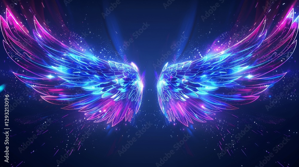 Poster a neon light effect digital art background featuring two symmetrical wings. abstract background. dig