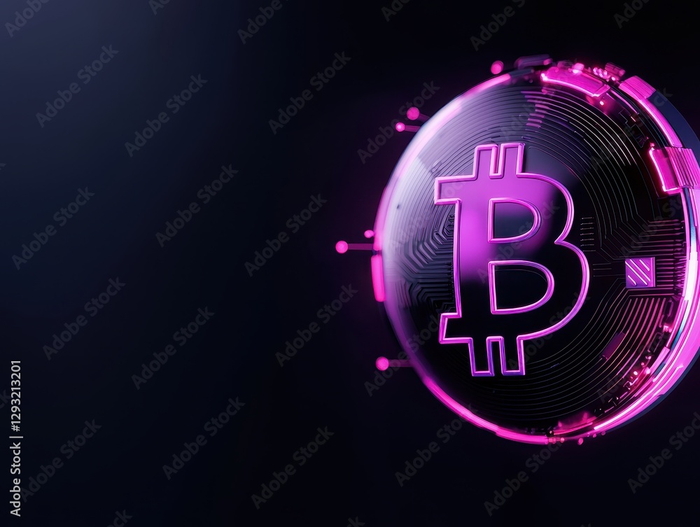 Aufkleber digital representation of bitcoin with a futuristic neon glow on a dark background.