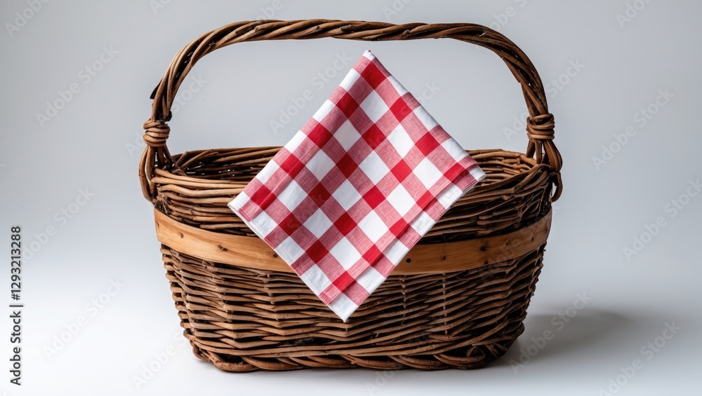 Poster wicker basket with red checkered napkin on white background empty space for text perfect for picnic 