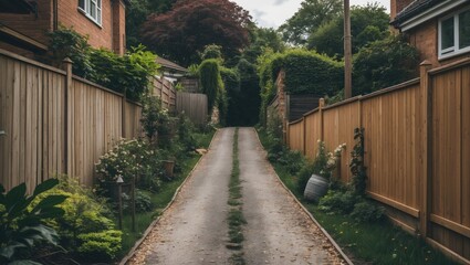 Fototapeta premium Serene Backyard Pathway Surrounded by Lush Greenery and Wooden Fencing in a Residential Neighborhood