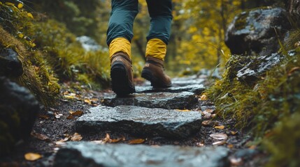 Hiker ascending with focus, stepping stones guide the way, embodying perseverance and progress.