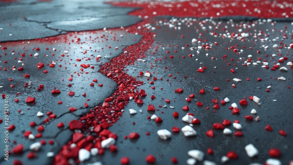 Poster wet asphalt texture featuring gray surface with scattered red and white gravel pieces creating a str