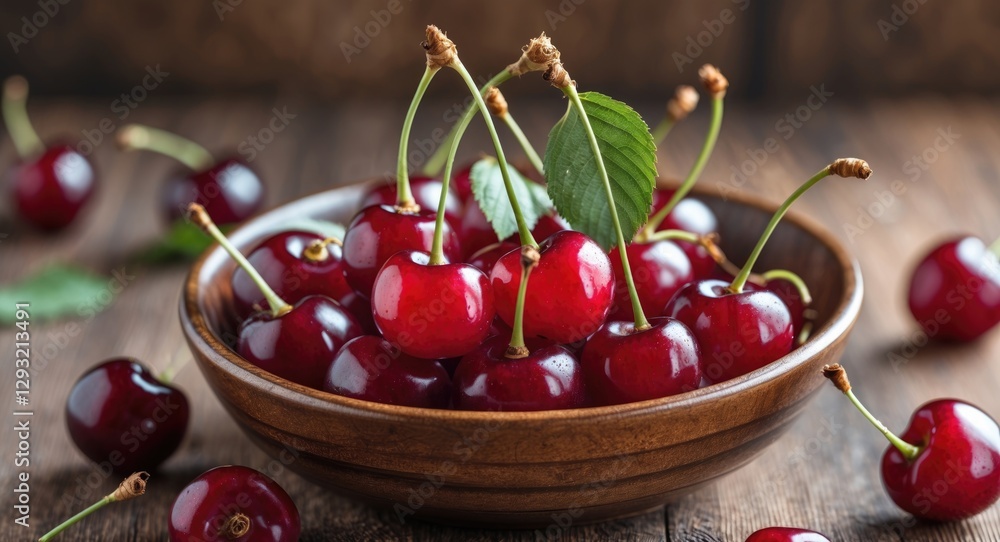 Aufkleber fresh red cherries in a wooden bowl on rustic table with green leaf and space for text background fo