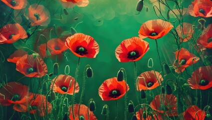 Obraz premium Vibrant red poppy flowers blooming in a dreamy green abstract landscape with soft bokeh for a serene artistic backdrop.