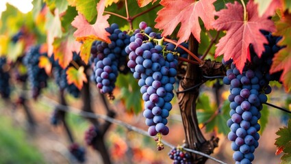 Vibrant vineyard scene with ripe grapes and colorful autumn leaves in an Oregon vineyard during late September harvest season.