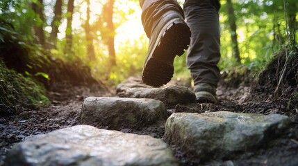 Obraz premium Hiker ascending with focus, stepping stones guide the way, embodying perseverance and progress.