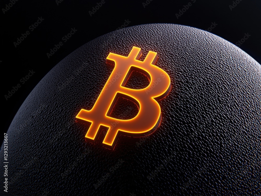 Aufkleber digital representation of bitcoin symbol glowing on a textured surface.