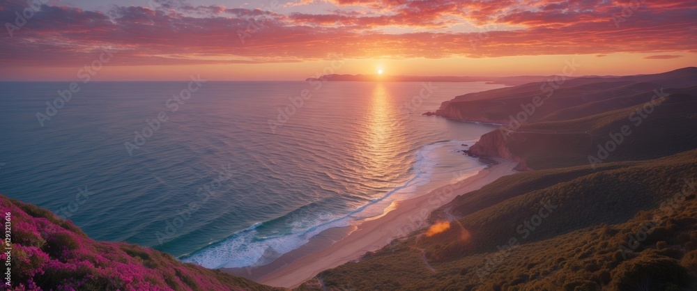 Poster aerial view of serene coastal landscape at sunset with vibrant skies and empty space for text or gra