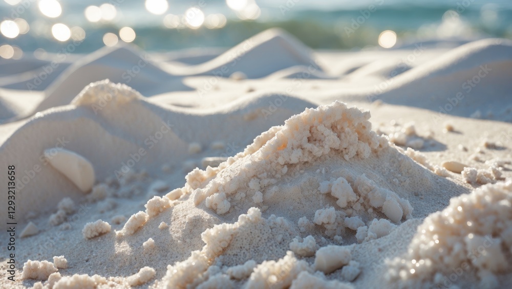 Poster closeup of soft white beach sand with gentle textures and vivid highlights creating a serene backdro
