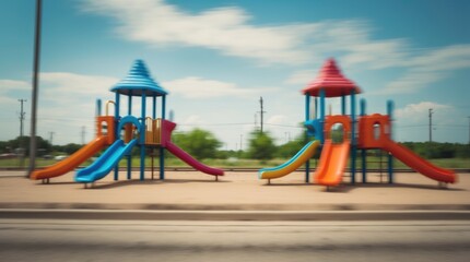 Blurred motion image of colorful playground structures at a highway rest area in Texas during summer showcasing childhood and nostalgia.