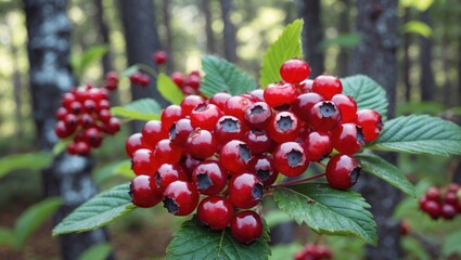 Ripening lingonberries surrounded by lush green foliage in a serene forest setting showcasing nature's vibrant colors and textures.