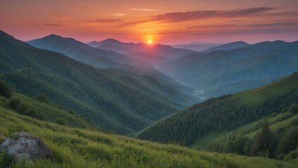 Fototapeta premium Serene Sunset Over Lush Green Mountain Valleys with Layers of Hills and Soft Harmonic Colors in the Sky
