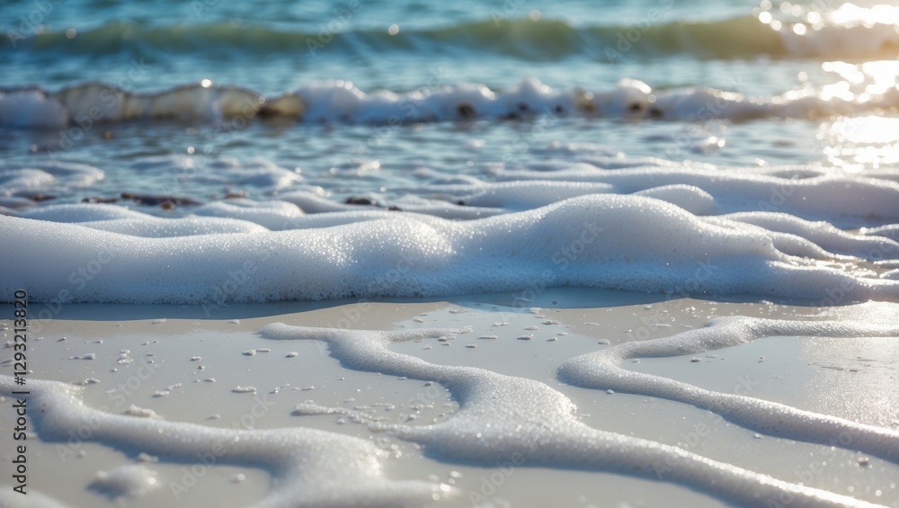 Aufkleber wet sandy shore with ocean foam and gentle waves on a sunny day creating a tranquil natural backgrou