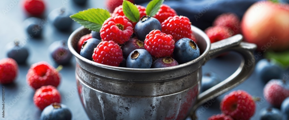 Aufkleber fresh ripe berries arranged in an antique mug surrounded by more berries on a rustic background with