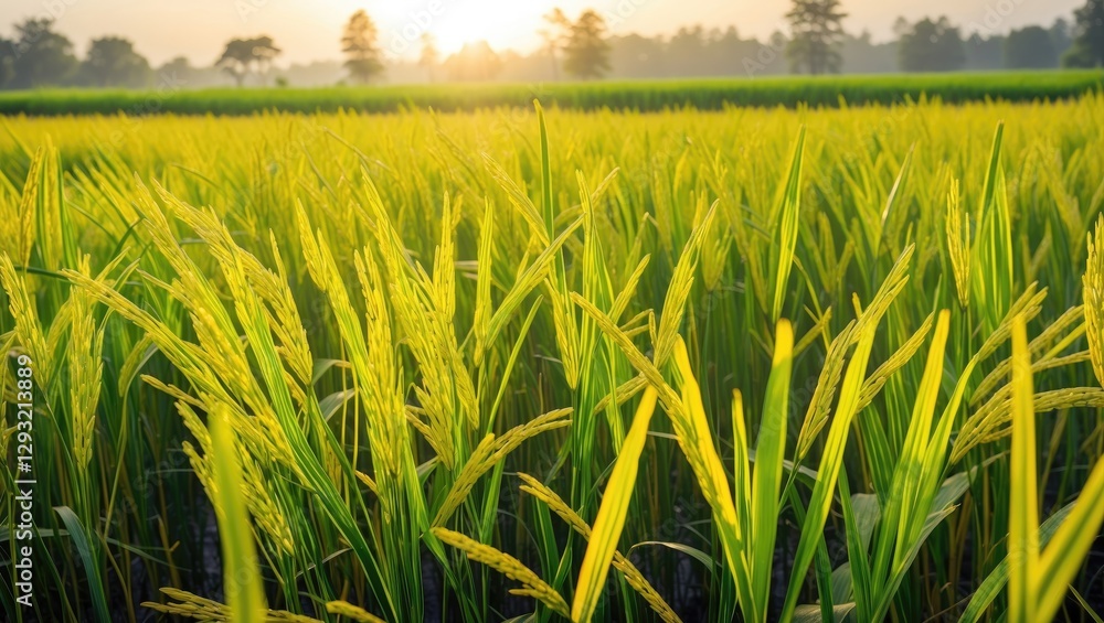 Poster golden rice plants illuminated by morning sunlight with lush fields in background and ample copy spa