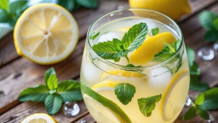Refreshing Lemonade Drink with Lemon Slices and Mint Leaves on Wooden Table Decorated with Fresh Ingredients and Space for Text
